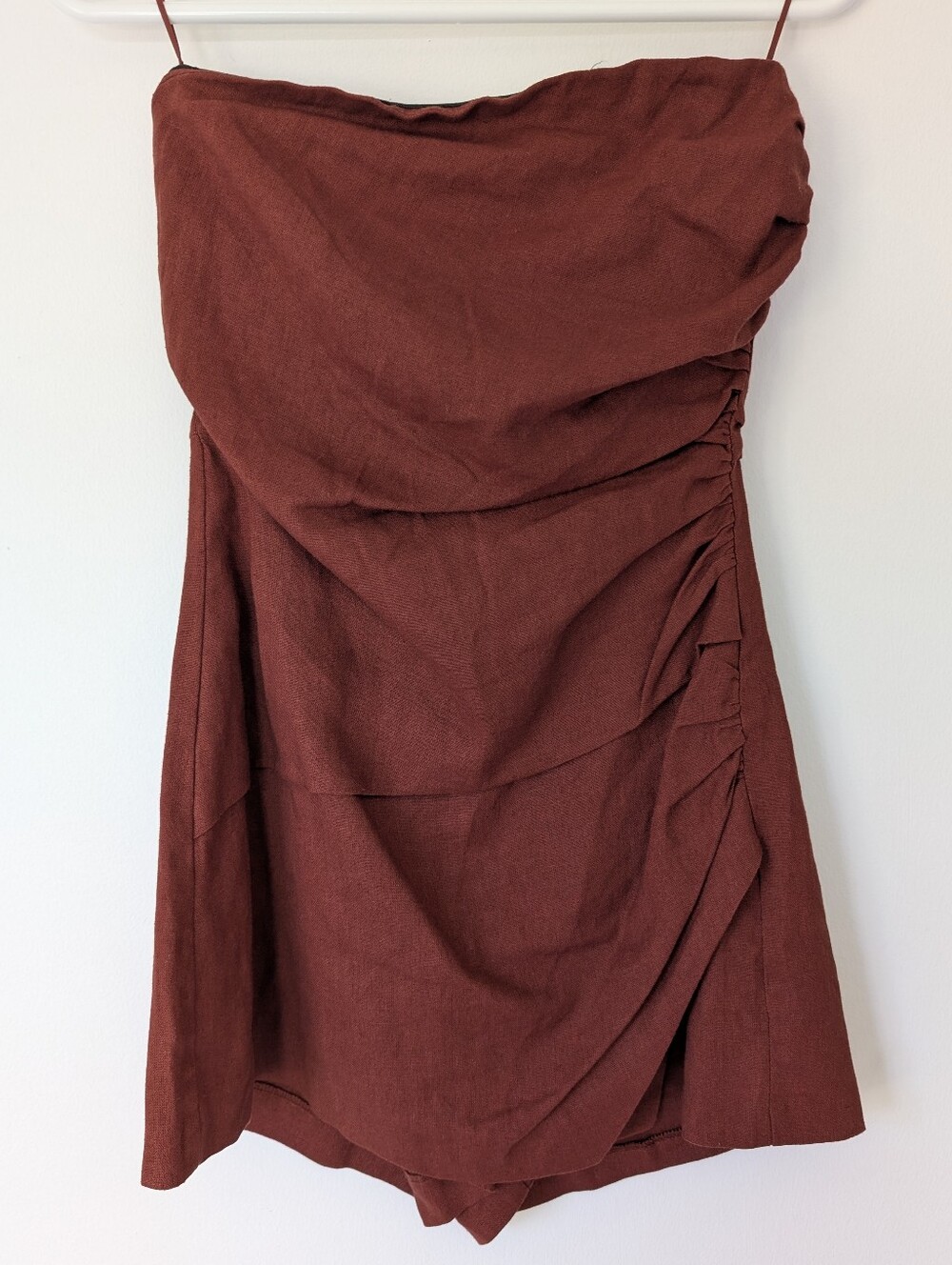 Zara - NWT Strapless Linen Ruched Skort Romper Rust Red Faux Wrap Summer Size XS